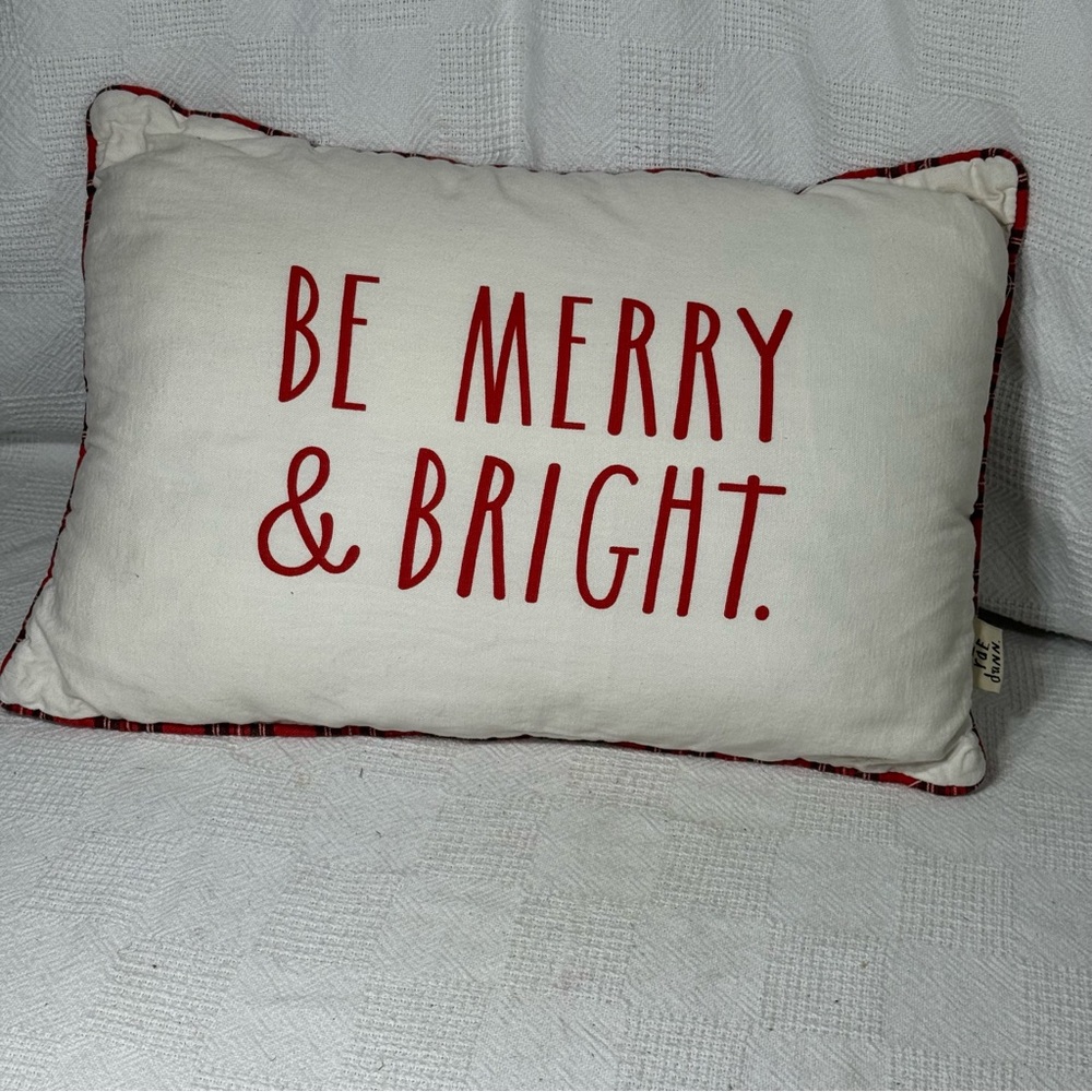 Rae Dunn Be Merry & Bright Festive Red and White Holiday Pillow